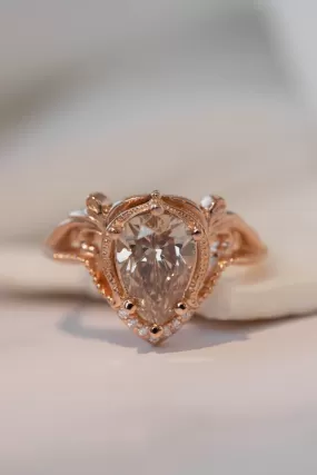 Big pear champagne diamond engagement ring, vintage inspired rose gold statement ring / Lida