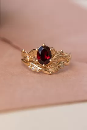 Garnet gold leaves engagement ring set, nature inspired bridal ring set / Freesia