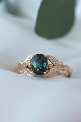 Genuine dark teal sapphire engagement ring, oval cut gemstone gold leaf proposal ring / Cornus