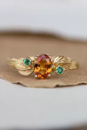 Genuine orange sapphire and natural emeralds branch engagement ring / Arius