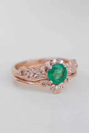 Natural emerald engagement ring set, celtic bridal ring set / Horta