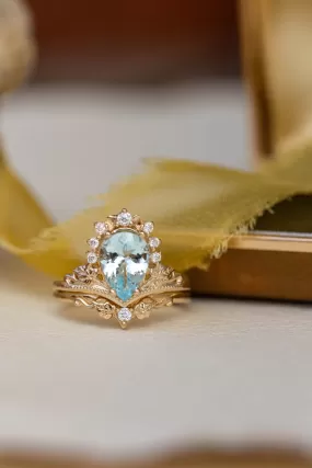 READY TO SHIP: Ariadne bridal ring set in 14K yellow gold, natural aquamarine 10x7 mm, moissanites, RING SIZE - 7 US