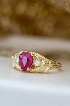 Ruby gold engagement ring, leaves engagement ring with diamonds / Wisteria