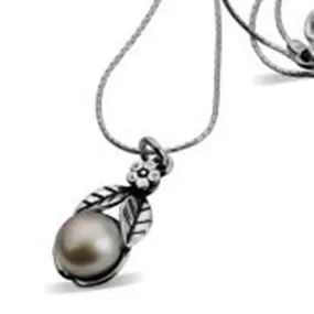 Silver Necklace , pearl  pendant  floral design